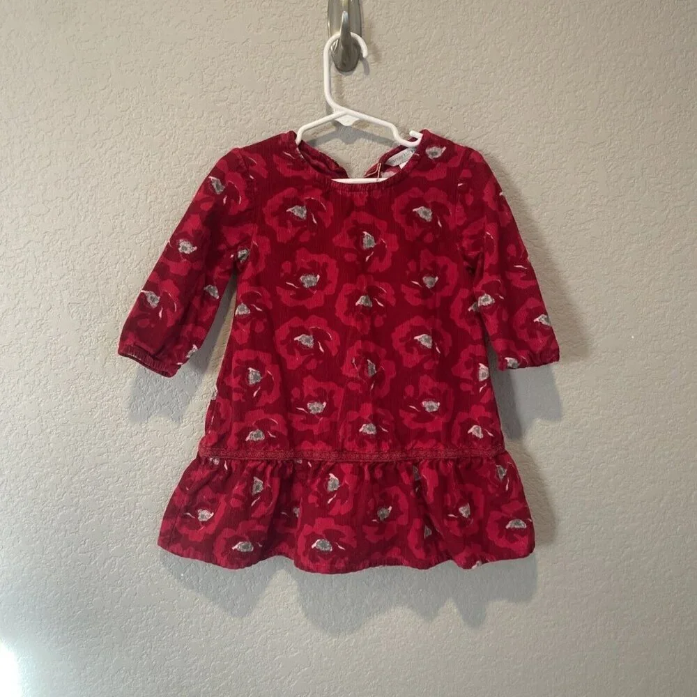 GARNET HILL KIDS CORDUROY Long Sleeve DRESS Size 2 Red Floral Winter